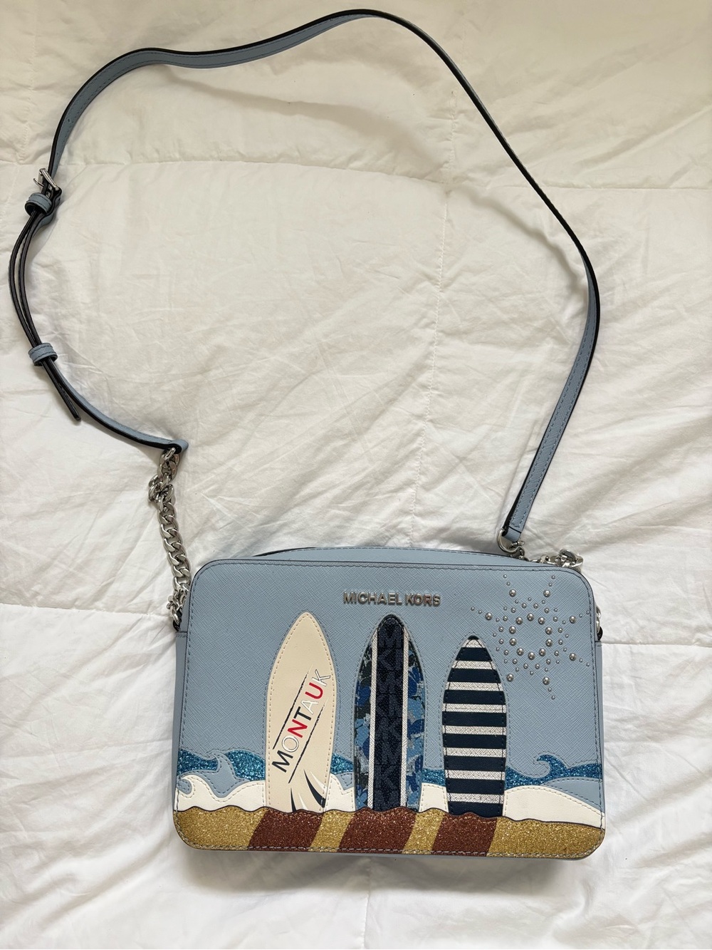 Michael Kors Light Blue Surfboard Appliqué Crossbody Bag